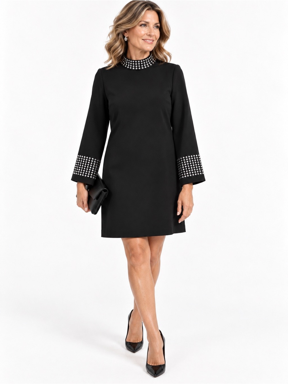 Tahari ASL Black Studded Mock Neck Shift Dress Bell Sleeve Lined Sz 8